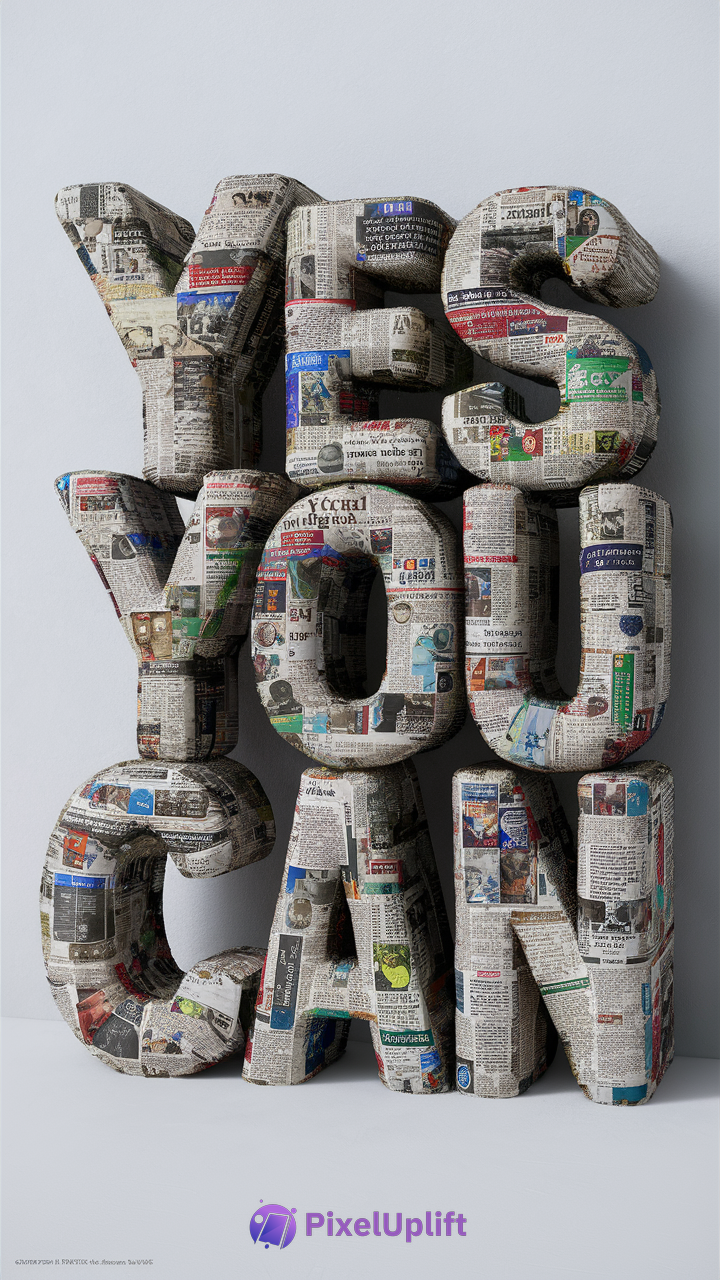 3D sculpture of YES YOU CAN in block letters covered with newspaper print on light background phone wallpaper