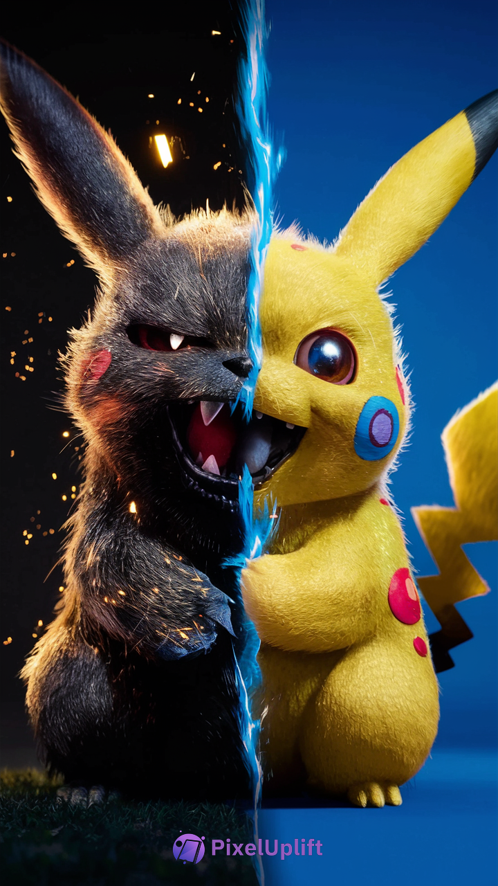 Split phone wallpaper showing dark fierce Pikachu with red eyes and sparks on left and bright cheerful classic Pikachu with smooth fur and colorful spots on right separated by blue energy line