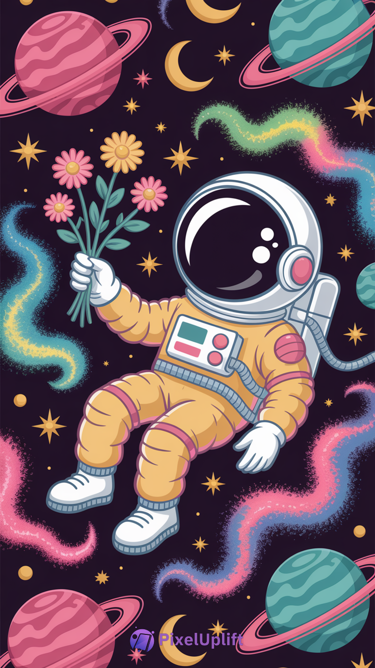 Whimsical colorful astronaut in orange spacesuit holding bouquet of pink and yellow flowers floating in dark space with planets, moons, stars and colorful nebula background