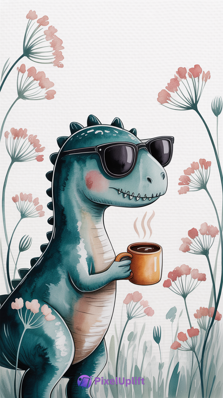 Whimsical blue-green dinosaur wearing black sunglasses holding steaming orange coffee mug surrounded by pastel pink flowers on a light background phone wallpaper