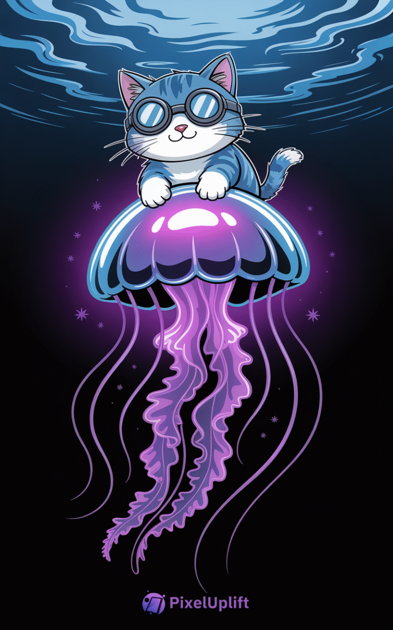 Whimsical cartoon blue-gray tabby cat wearing goggles perched on glowing purple and blue jellyfish with flowing tentacles on dark ocean background phone wallpaper