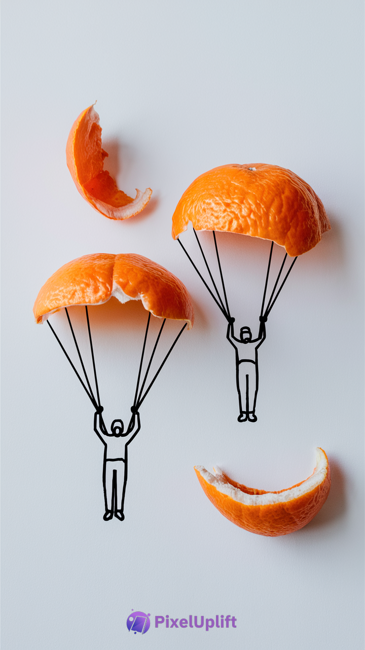 Creative phone wallpaper showing orange peel halves as parachutes with two drawn figures hanging from strings on a white background