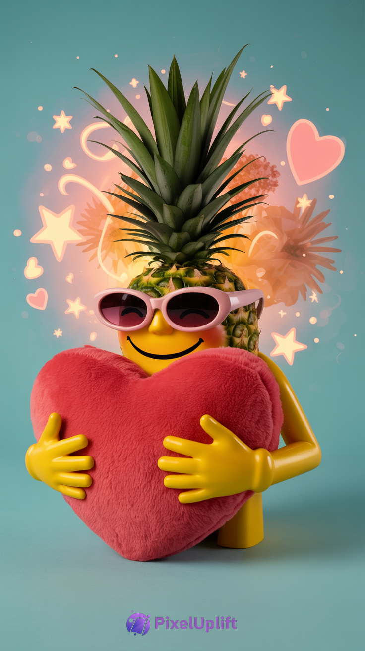 Cheerful playful pineapple character with yellow face and pink sunglasses holding a red heart on soft blue starry background phone wallpaper