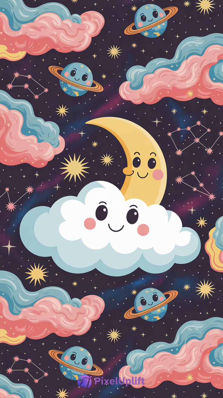 Colorful cartoonish space-themed phone wallpaper with smiling crescent moon, fluffy cloud, planets with rings, and starry night sky