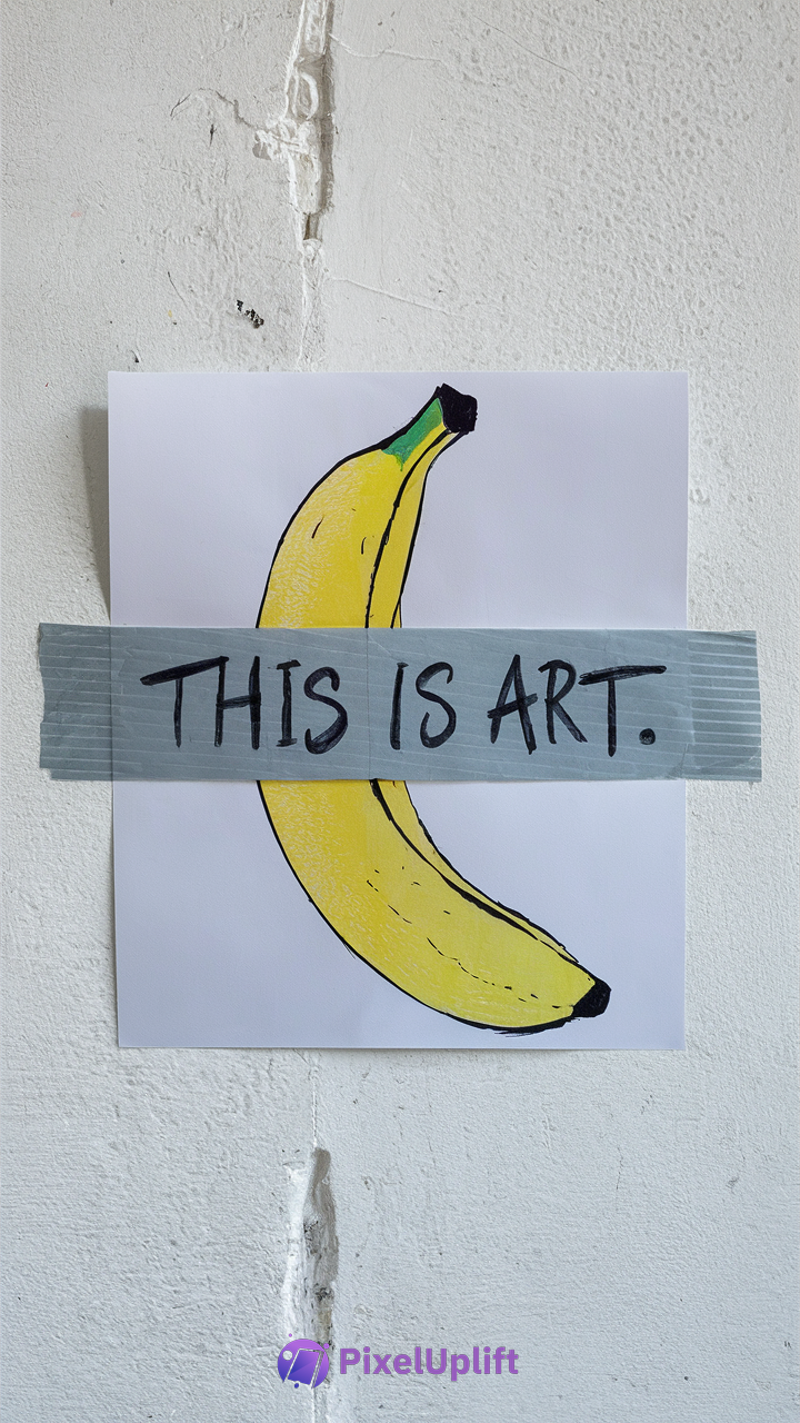 Simplistic yellow banana drawing taped to white wall with gray duct tape labeled THIS IS ART.