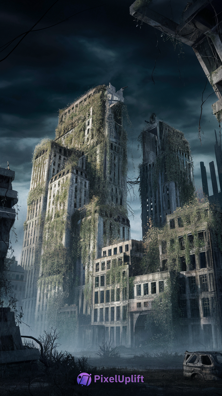 Post-apocalyptic phone wallpaper with abandoned overgrown skyscrapers, dark cloudy sky, and misty ground featuring decayed urban environment