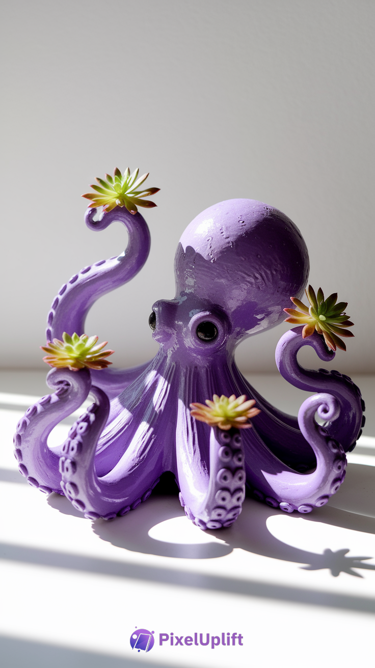 Purple octopus figurine phone wallpaper with green succulent plants on curled tentacles on a beige background
