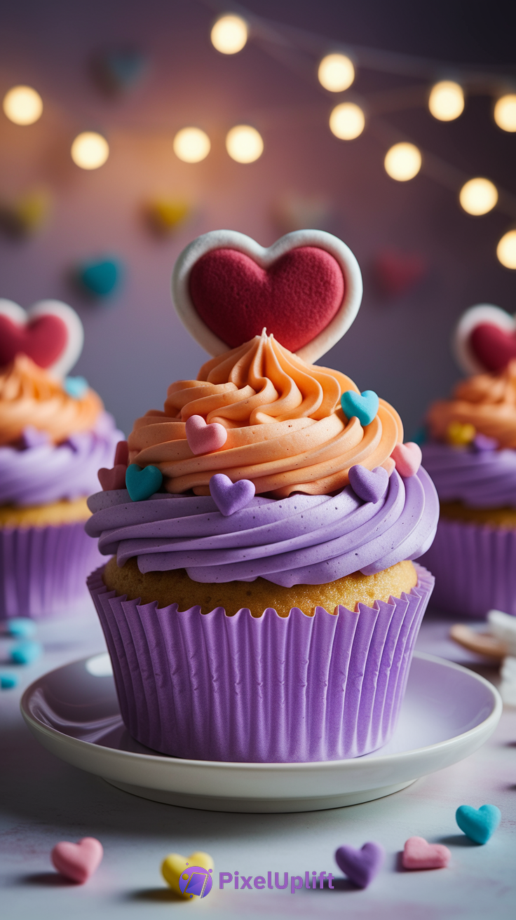 Phone wallpaper of a beautifully decorated cupcake with purple and peach frosting swirls topped with a red and white heart decoration on a white plate, surrounded by pastel heart sprinkles and cozy blurred lights in the background
