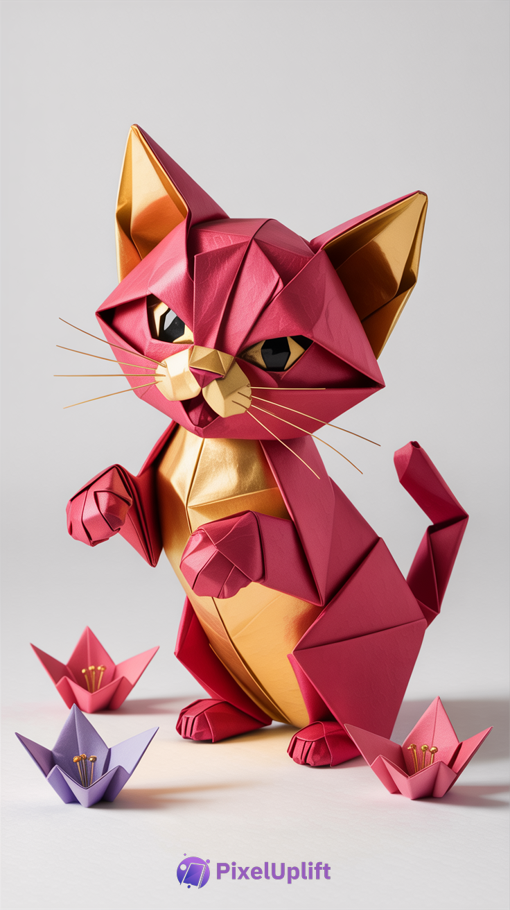Red and gold origami cat with pink and purple origami flowers on a light background phone wallpaper