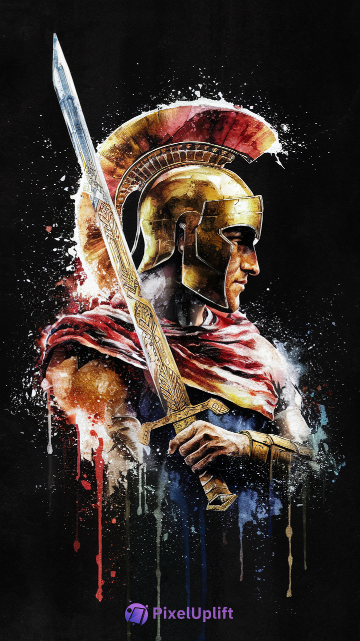 Watercolor style Roman soldier holding ornate sword with red plume helmet on black background phone wallpaper