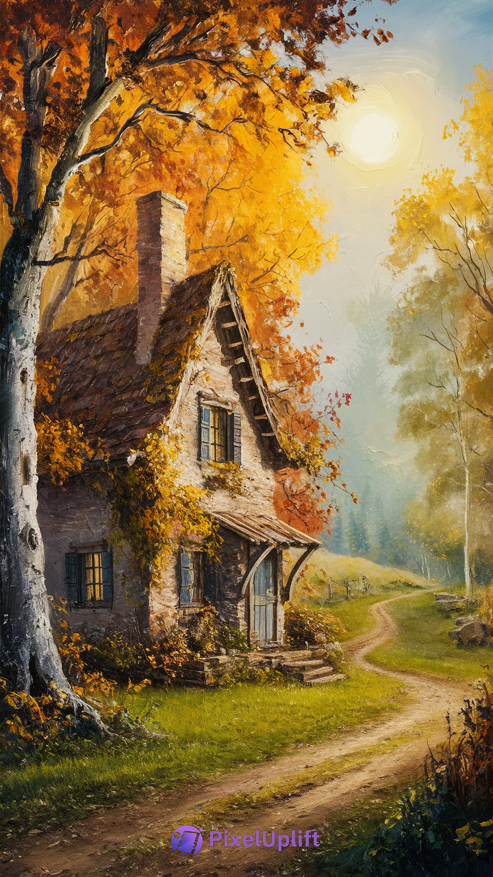 Rustic autumn cottage with golden ivy surrounded by vibrant orange and yellow trees under a bright sun, perfect phone wallpaper