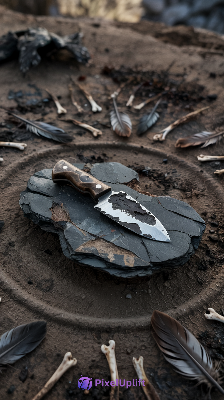 Rustic handmade knife with polished wooden handle on dark slate stones with bones and feathers in a circular pattern, earthy natural phone wallpaper