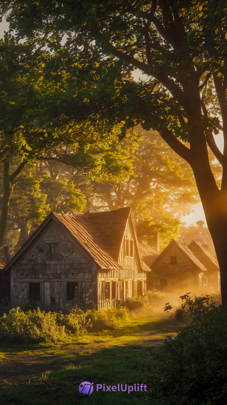 Rustic wooden houses nestled among tall trees during golden hour, serene countryside phone wallpaper