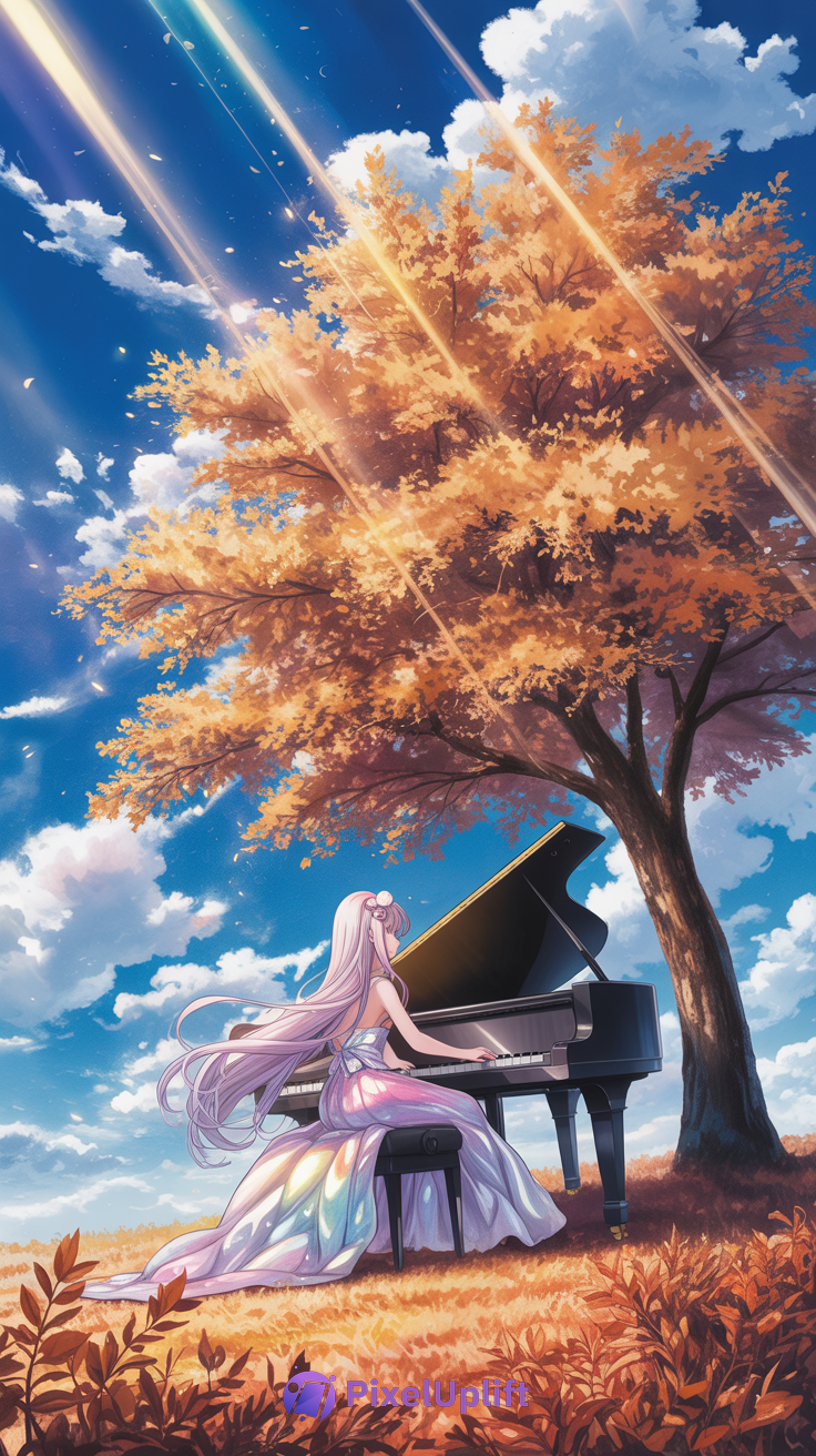 Young woman with long lavender hair playing black grand piano outdoors under autumn tree with orange leaves and warm sunlight