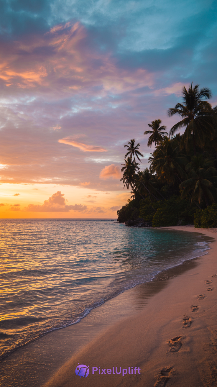 Serene beach sunset phone wallpaper with colorful sky, calm ocean, palm trees, and sandy shore footprints