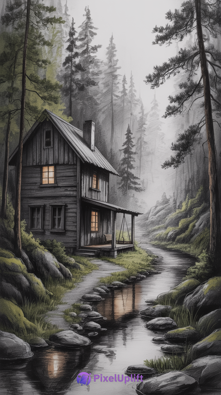 Serene misty forest phone wallpaper with rustic wooden cabin and glowing windows