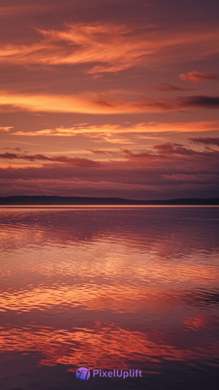 Serene sunset over calm water with vibrant orange, pink, and purple sky reflected on the surface and dark silhouette of distant hills