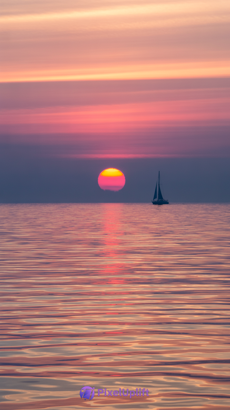 Serene sunset over calm waters with orange, pink, and purple sky hues and a sailboat with dark sails