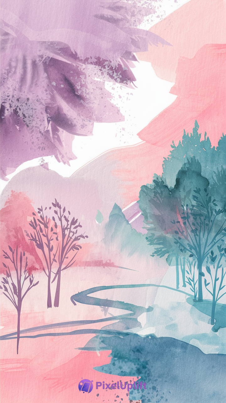 Watercolor painting of a serene landscape with a winding path, purple, pink, blue, and teal trees, and pastel mountains