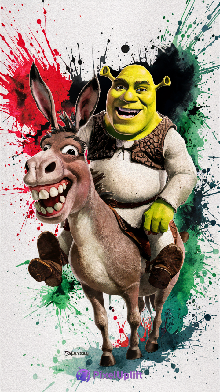 Shrek and Donkey animated characters phone wallpaper with colorful paint splash background