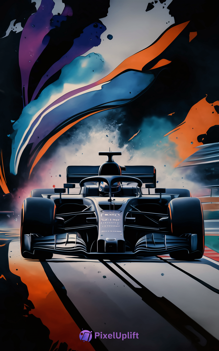Front view of a sleek black Formula 1 race car on a racetrack with dynamic colorful streaks background