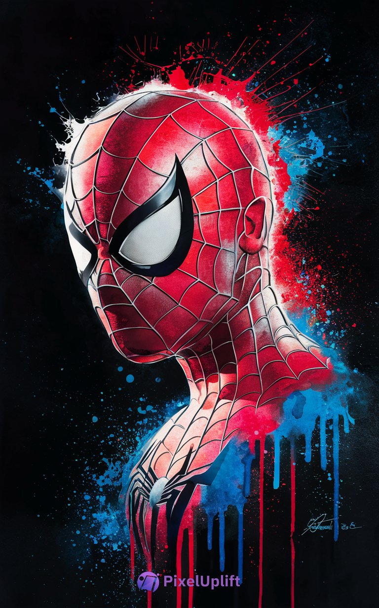 Vibrant Spider-Man head and shoulders phone wallpaper with splash paint effect on black background