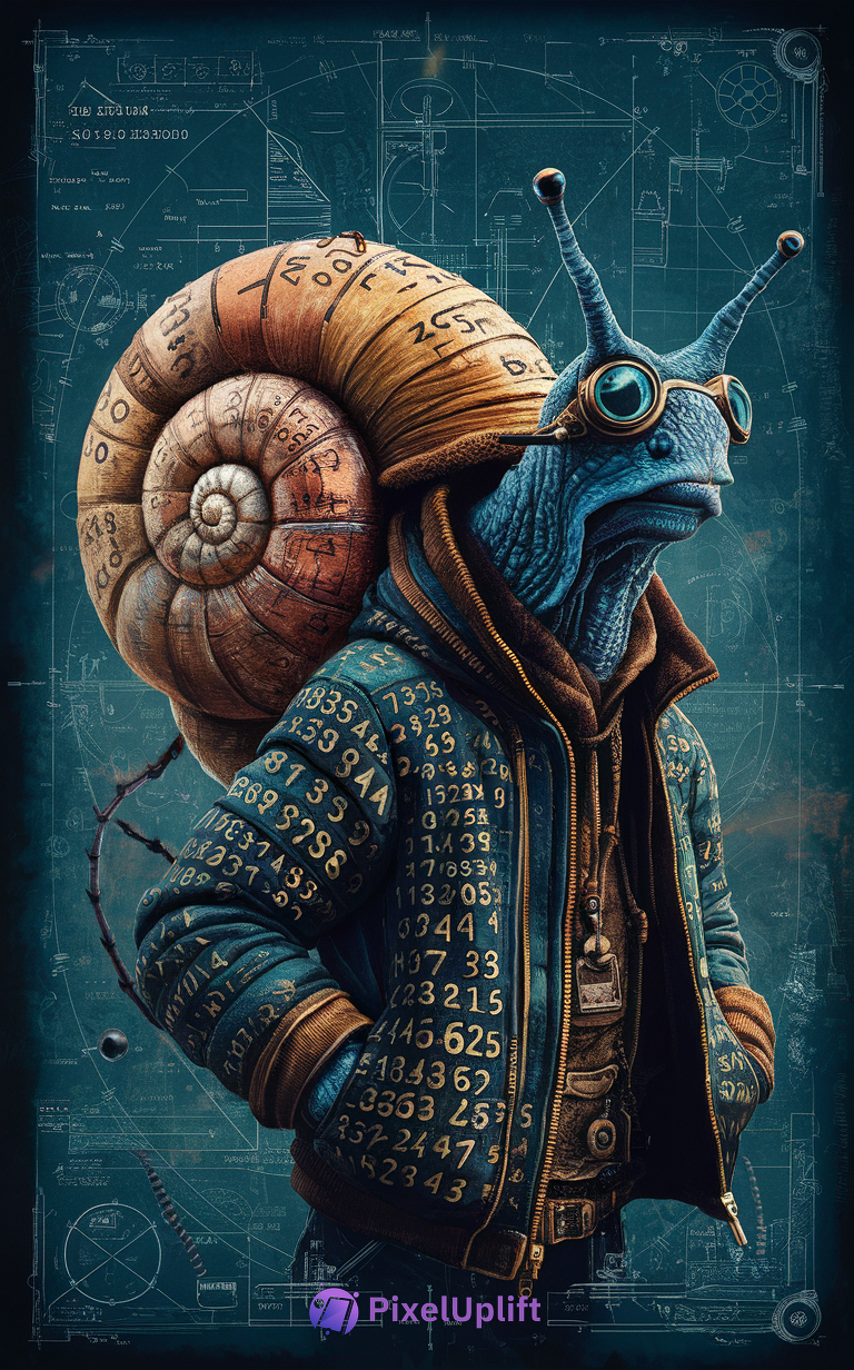 Anthropomorphic blue snail with steampunk goggles and layered outfit with golden numerical symbols on shell and clothing over a technical blueprint background