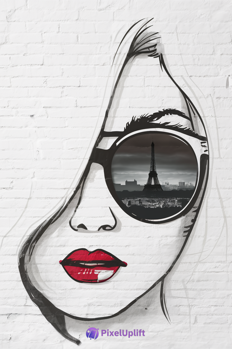 Minimalistic street art phone wallpaper showing a stylized woman's face with round sunglasses reflecting the Eiffel Tower and Paris skyline