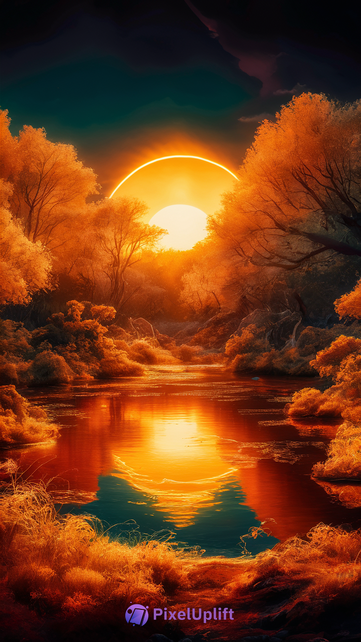 Surreal sunset landscape phone wallpaper with glowing sun, autumn trees, and calm river reflecting vibrant orange and gold hues