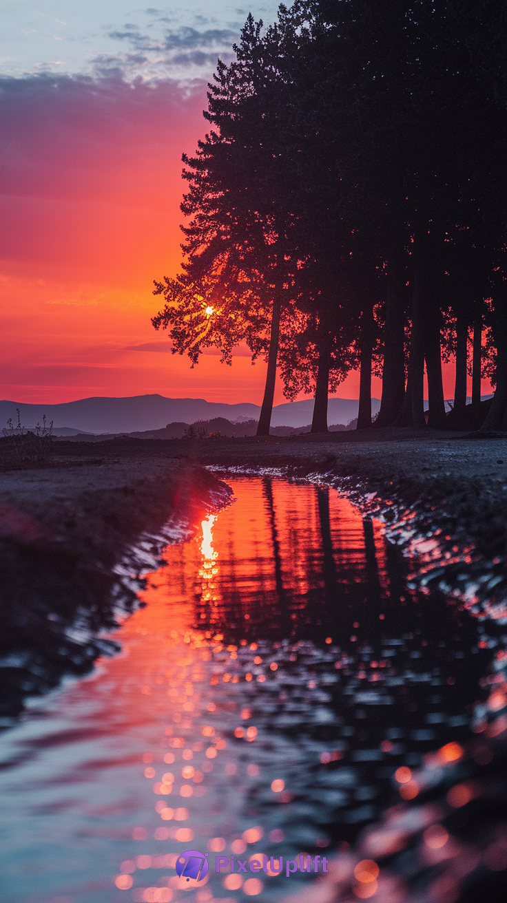 Stunning sunset phone wallpaper with vibrant orange, pink, and purple sky, silhouetted tall trees, and reflective water channel