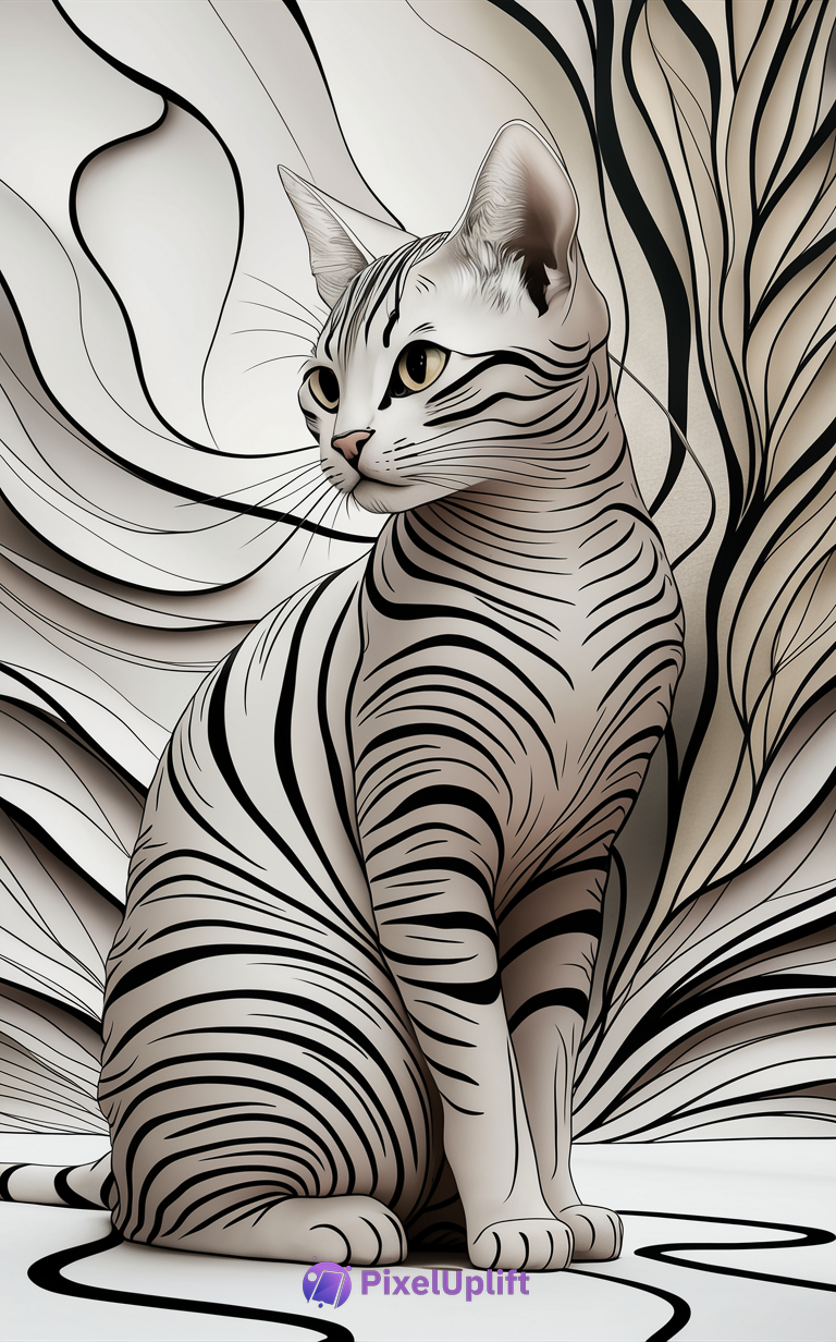 Stylized cat with black stripes and yellow eyes on a modern abstract background phone wallpaper