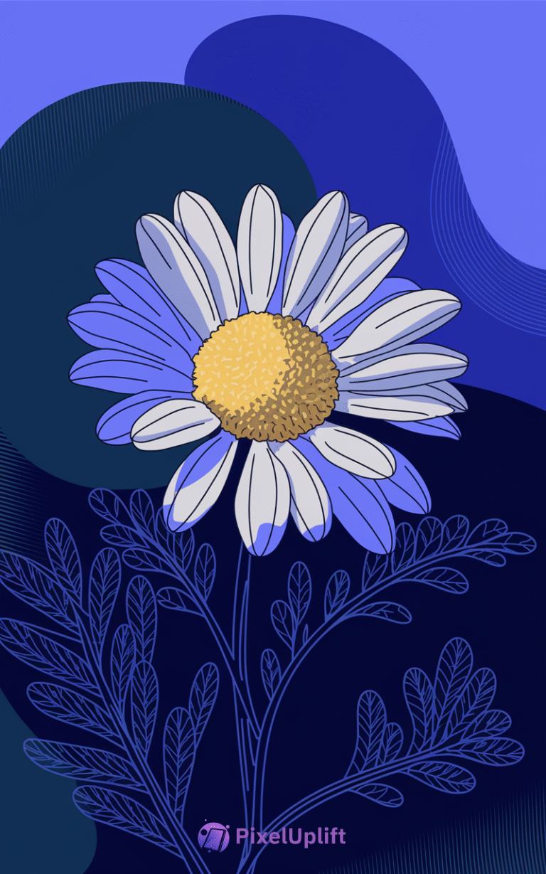 Stylish daisy phone wallpaper with white and blue petals and yellow center on a blue abstract background