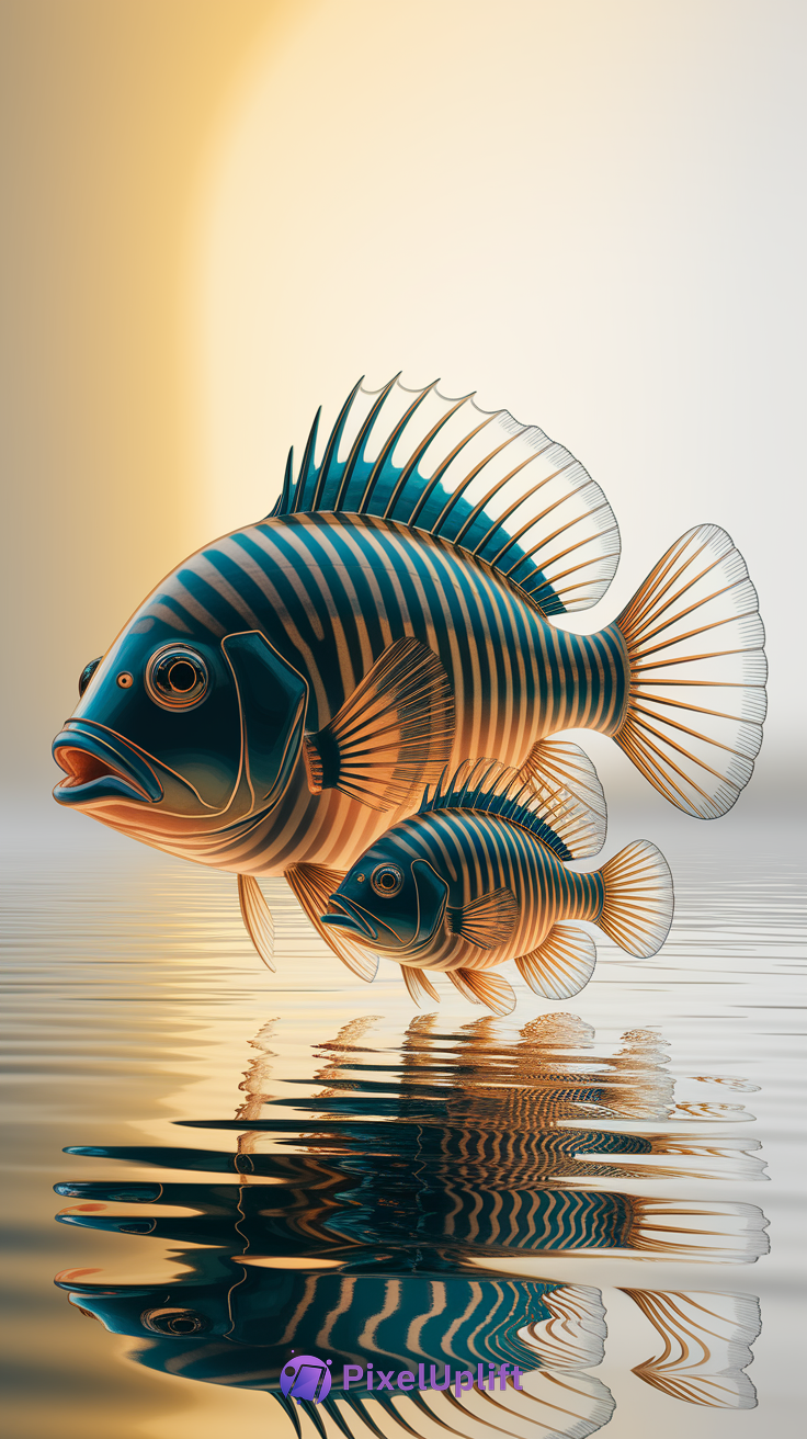 Dark blue and gold striped artistic fish phone wallpaper with reflective water and warm gradient background