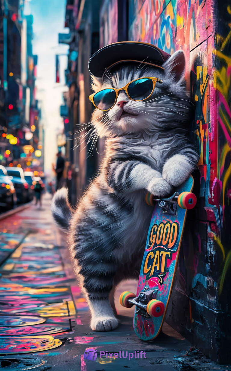 Gray tabby kitten wearing yellow sunglasses and dark cap leaning against graffiti wall holding colorful skateboard in urban alley