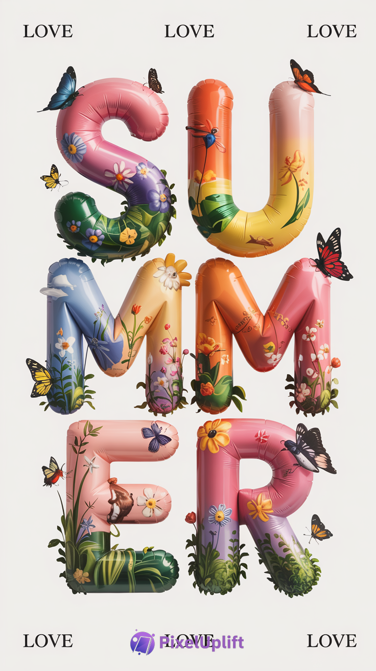 Bright summer phone wallpaper with large balloon letters spelling SUMMER decorated with colorful flowers and butterflies on white background