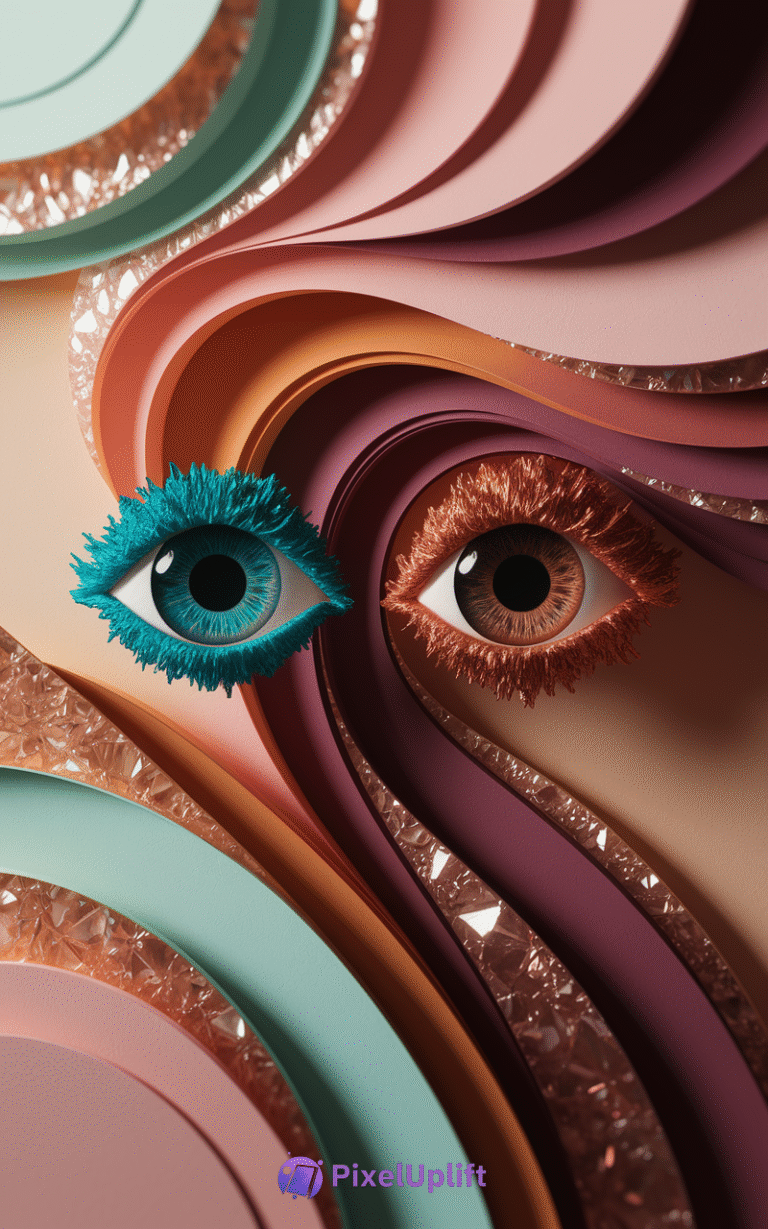 Surreal abstract phone wallpaper with two human-like eyes, layered flowing shapes in warm and cool tones and textured crystalline effects