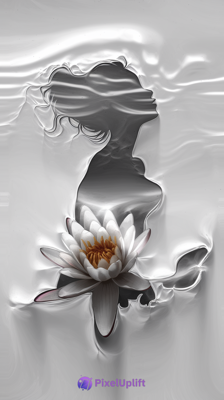 Surreal black silhouette of a woman emerging through white liquid-like surface with a vibrant lotus flower at the chest, monochrome background