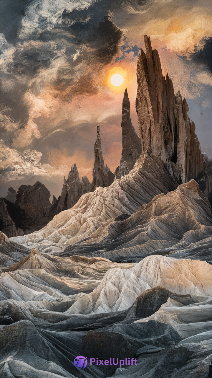 Surreal dark phone wallpaper showing jagged rock formations under swirling blue, gray, and orange clouds with glowing sun near horizon