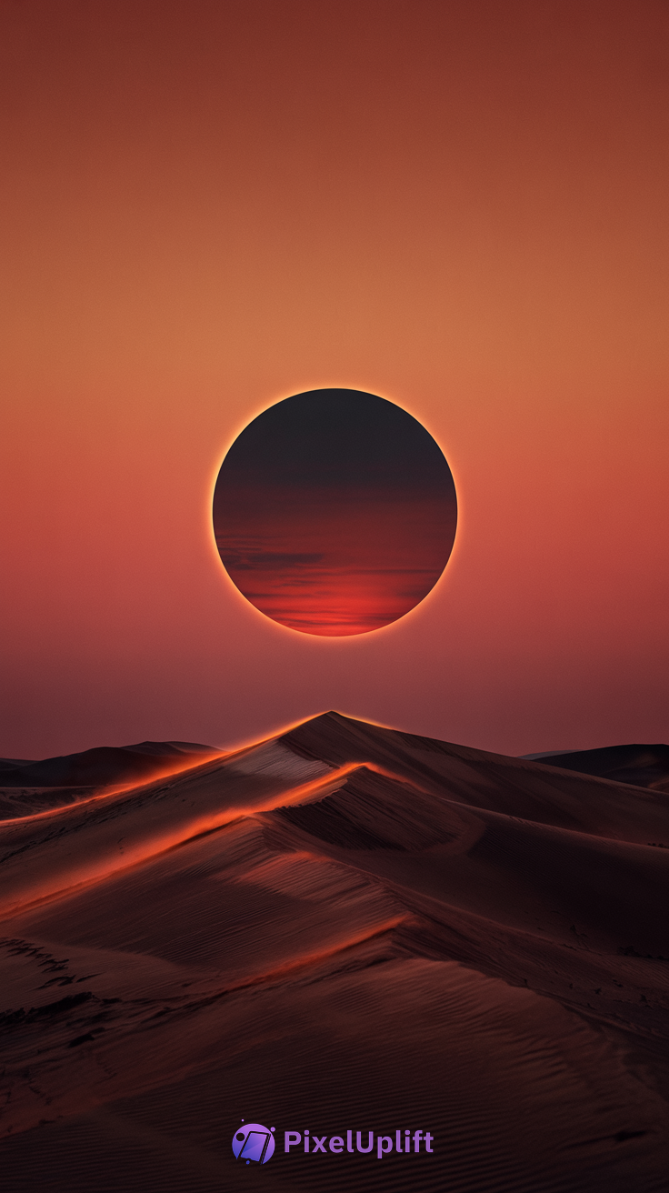 Surreal desert sunset phone wallpaper with glowing sand dune and solar eclipse effect