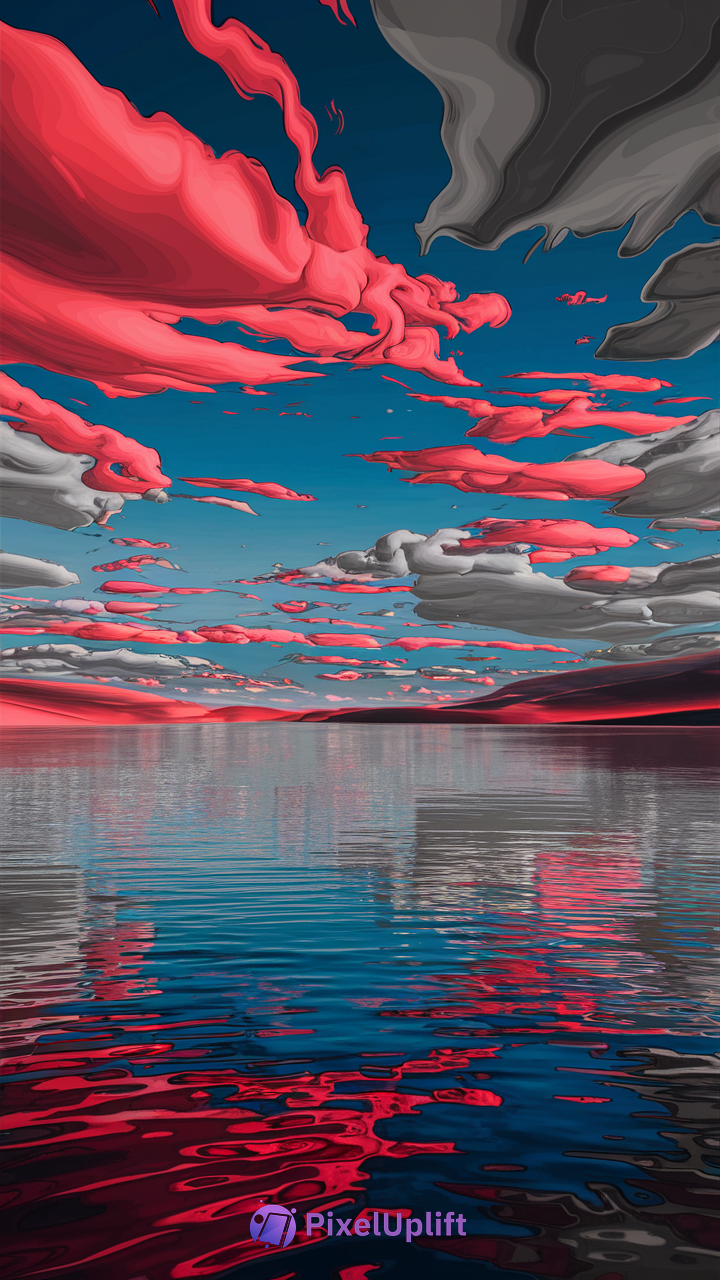 Surreal digital phone wallpaper showing a reflective body of water under a dramatic sky with red, grey, and white clouds against a deep blue backdrop