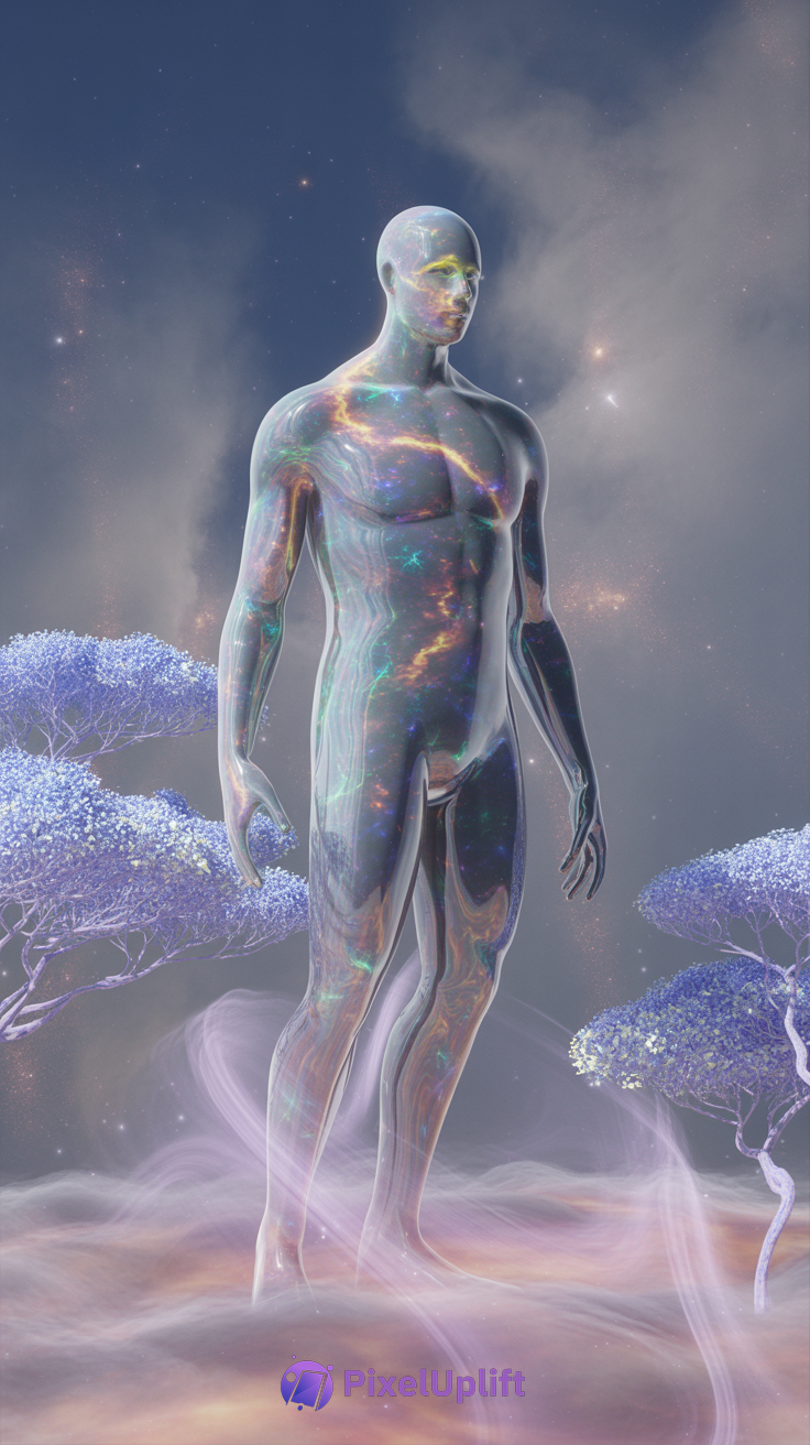 Surreal transparent humanoid figure with cosmic galaxy pattern standing in misty ethereal landscape with purple-blue trees and starry sky