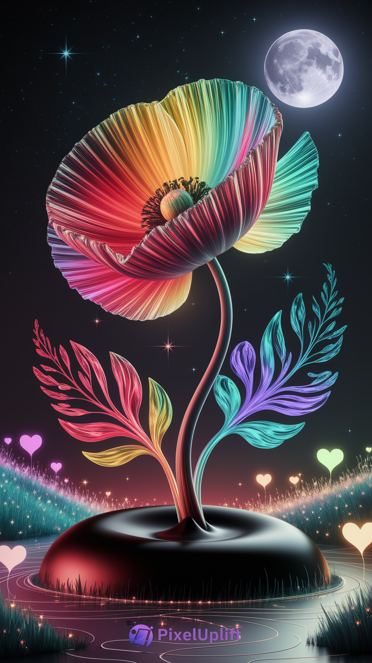 Surreal glowing rainbow flower on black stone base with reflective water pool and starry night sky with full moon