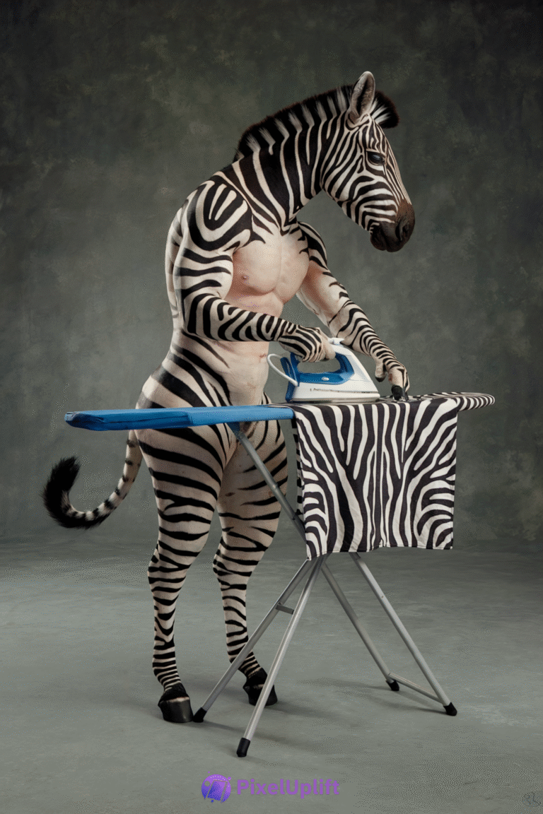 Surreal humanoid zebra ironing zebra-striped cloth in black and white stripes phone wallpaper