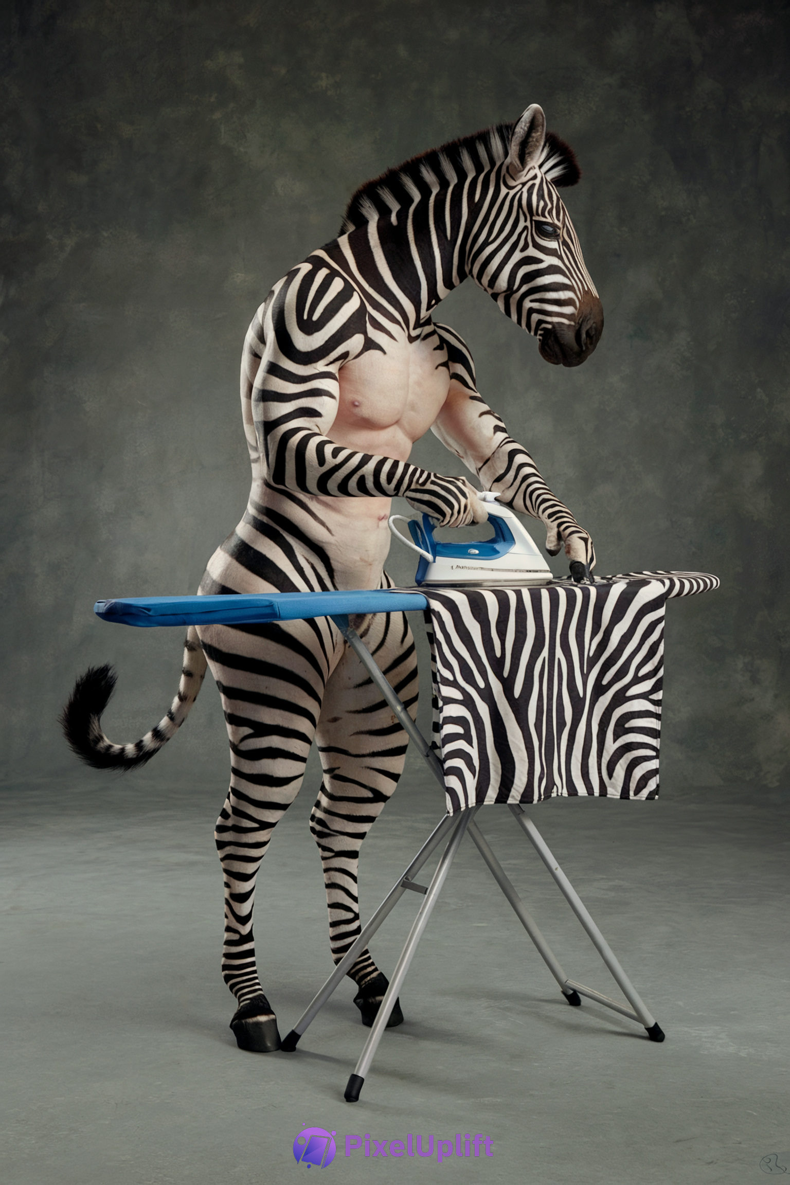 Surreal humanoid zebra ironing zebra-striped cloth in black and white stripes phone wallpaper