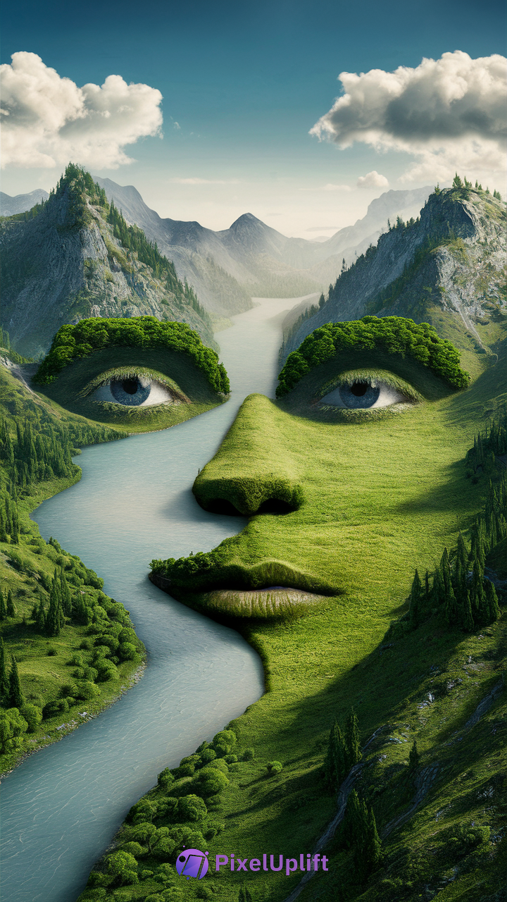 Surreal phone wallpaper showing a human face made of natural elements with a river flowing through a green valley and mountains under bright blue sky