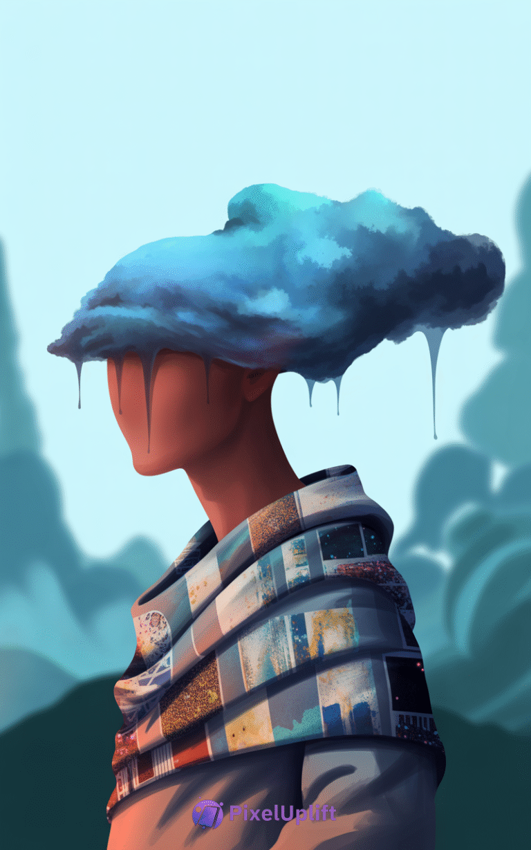 Surreal phone wallpaper showing a person with a blue cloud-like formation dripping from their head, wearing a colorful patterned garment against an abstract blue-green background
