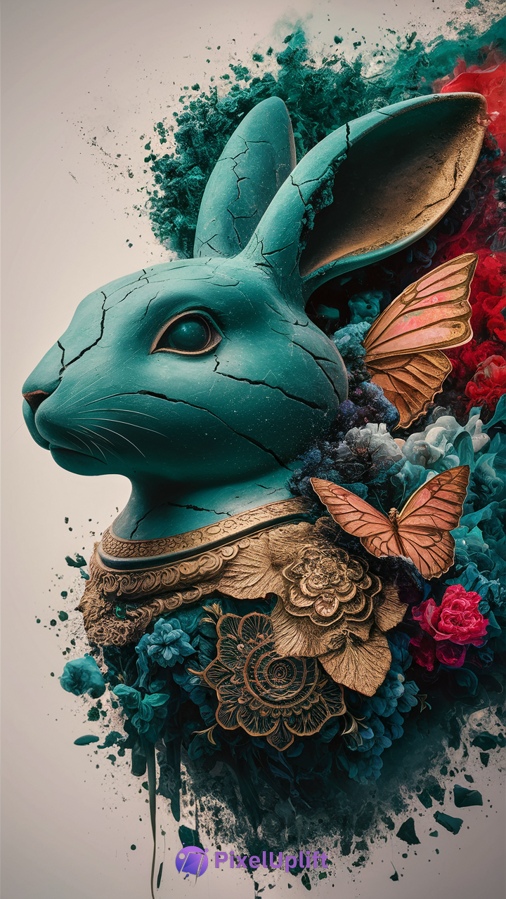 Surreal teal blue rabbit head sculpture with golden floral collar surrounded by vibrant teal and red flowers and orange pink butterflies on smoky textured background