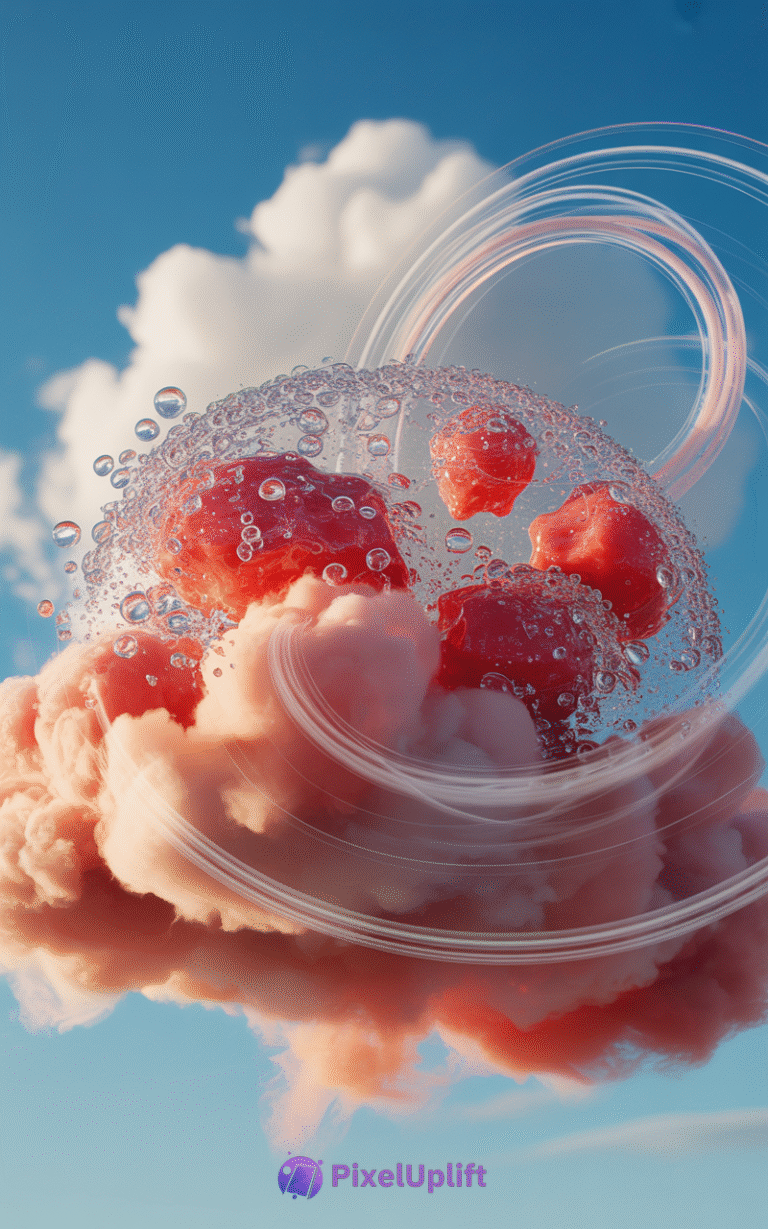 Surreal red jagged objects inside a transparent water bubble above pinkish-orange fluffy cloud with bright blue sky background and swirling light trails