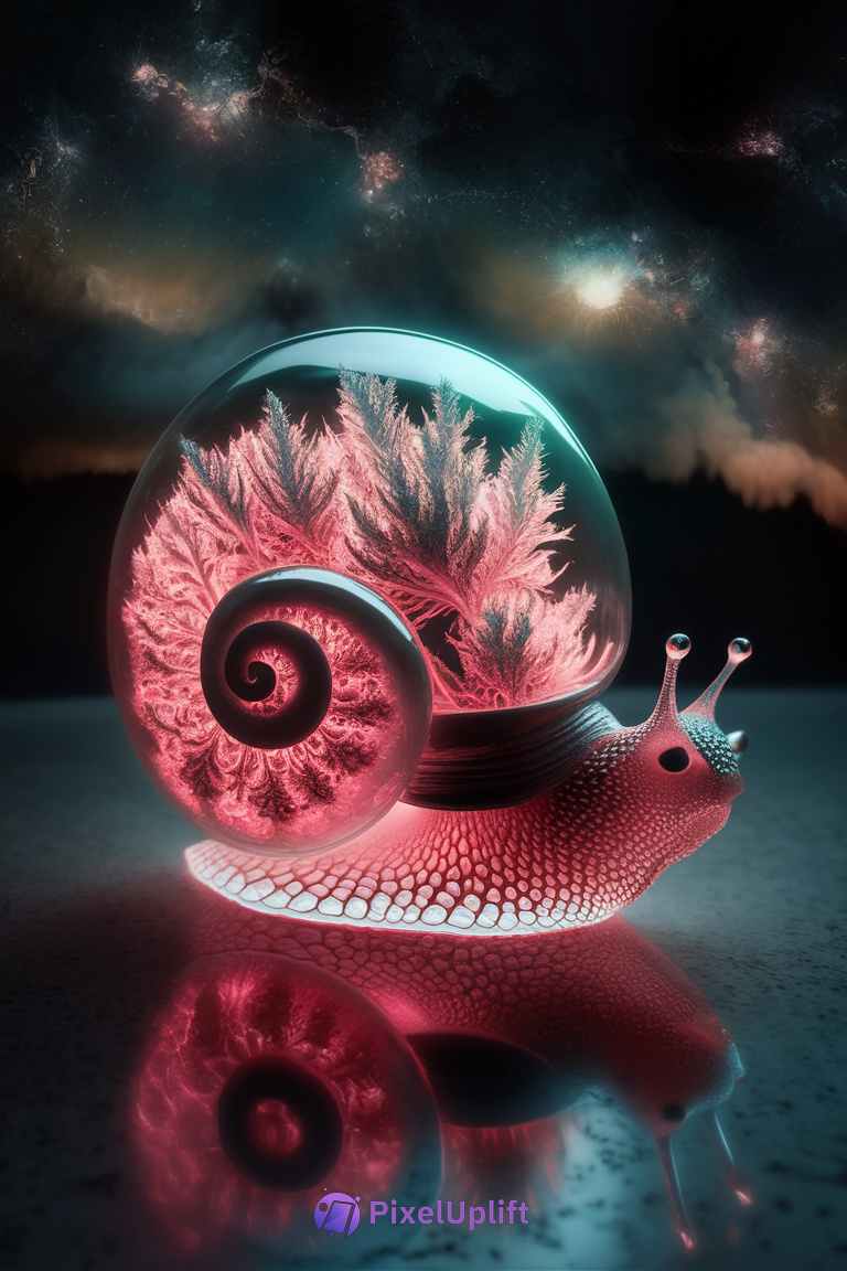 Surreal phone wallpaper of a glowing snail with a glass dome shell containing vibrant pink and red coral-like structures against a dark cosmic background