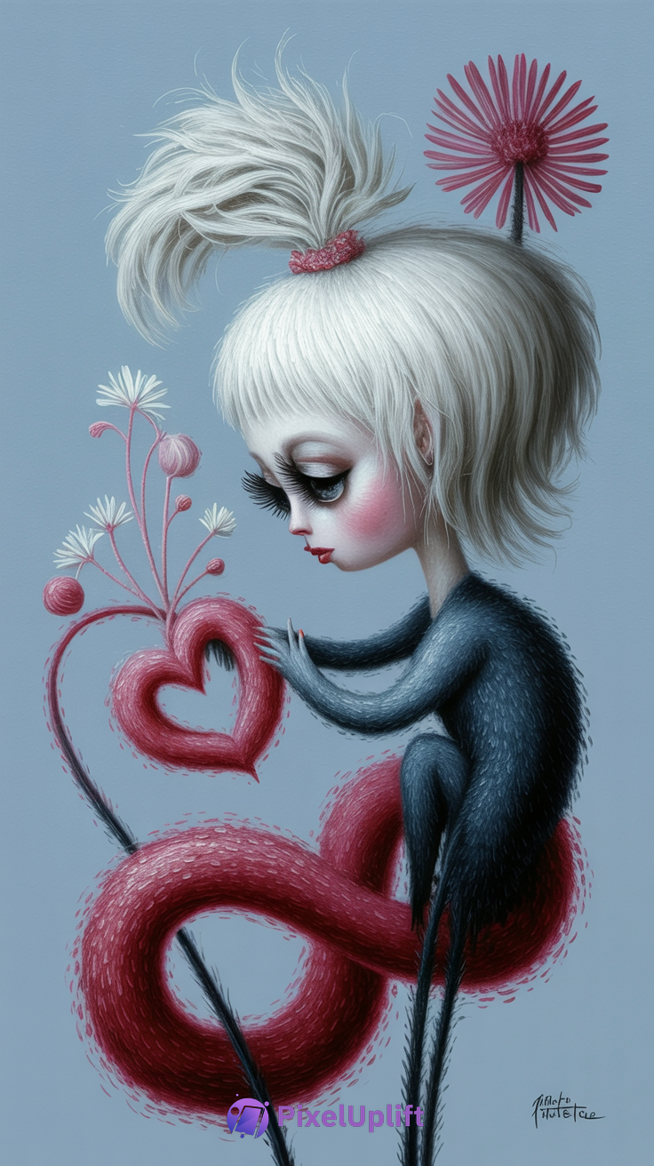 Surreal whimsical phone wallpaper with a pale character with white hair and red flower on head, sitting on a large red fuzzy shape with a floating red furry heart and delicate white flowers on muted blue background